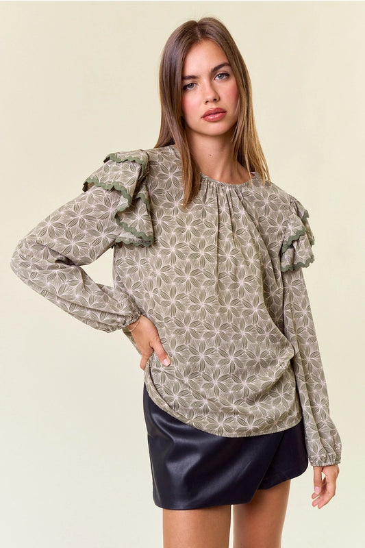 Olive Geo Floral Top