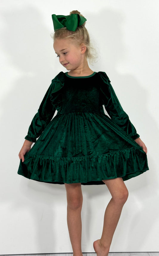 Emerald Velvet Ruffle Dress