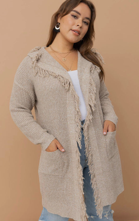 Oatmeal Fringe Hooded Cardigan